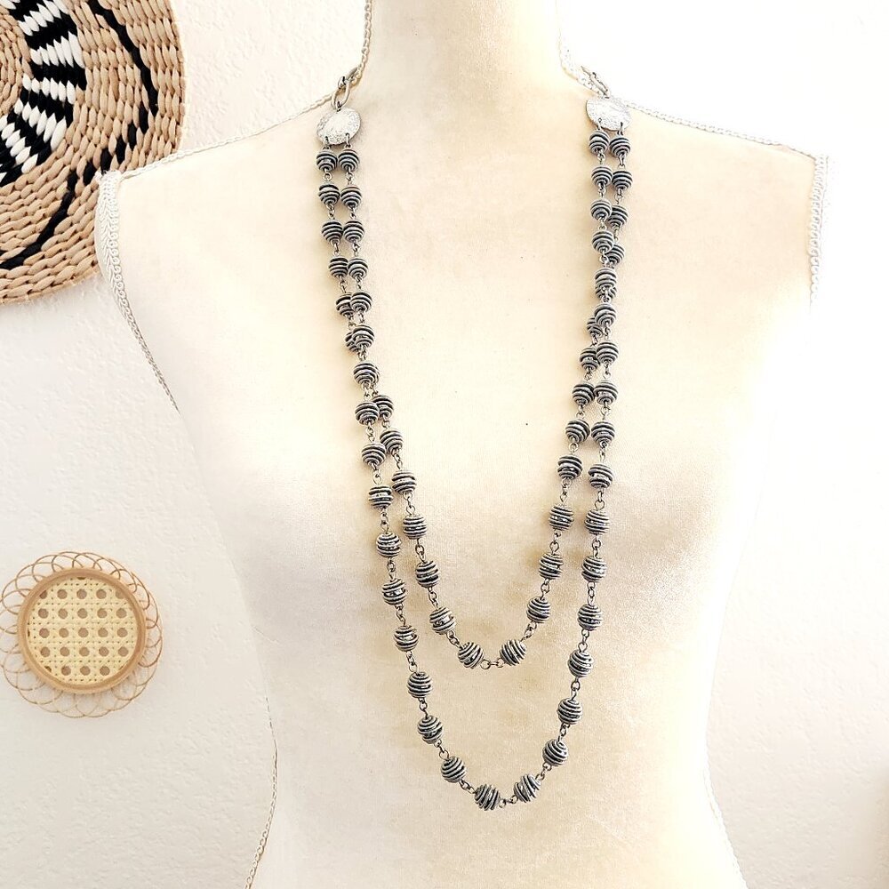 Chicos Wire Wrapped Silver Beaded Double Strand Layered Long Chain Necklace